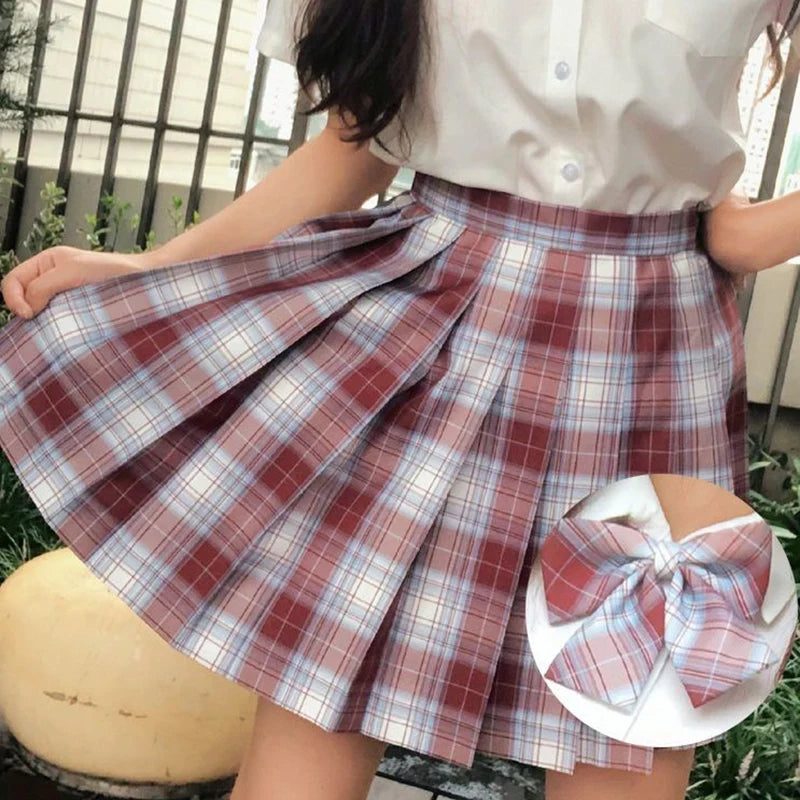 ZOKI Plaid Women Pleated Skirt Bow Knot Summer High Waist Preppy Girls Dance Mini Skirt Cute A Line Harajuku Sexy Japan Faldas