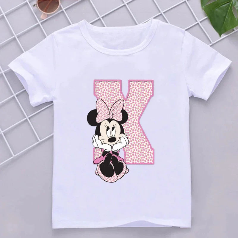 Minnie Children T-Shirts Letter A-Z Name Combination Disney Kawaii Cartoons Clothes Kids Little Boy Girl Tee Shirts Casual Tops