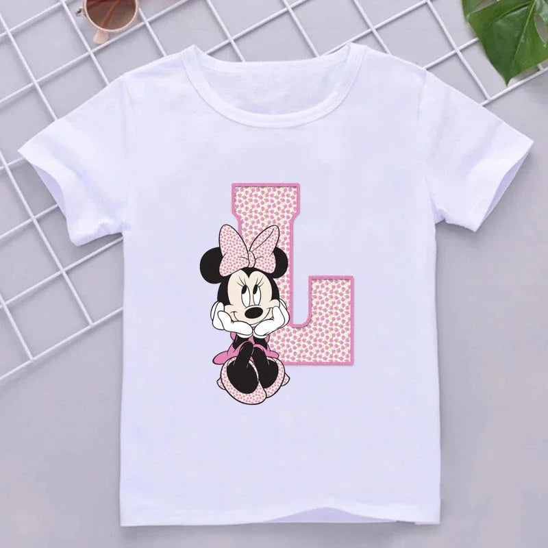 Minnie Children T-Shirts Letter A-Z Name Combination Disney Kawaii Cartoons Clothes Kids Little Boy Girl Tee Shirts Casual Tops