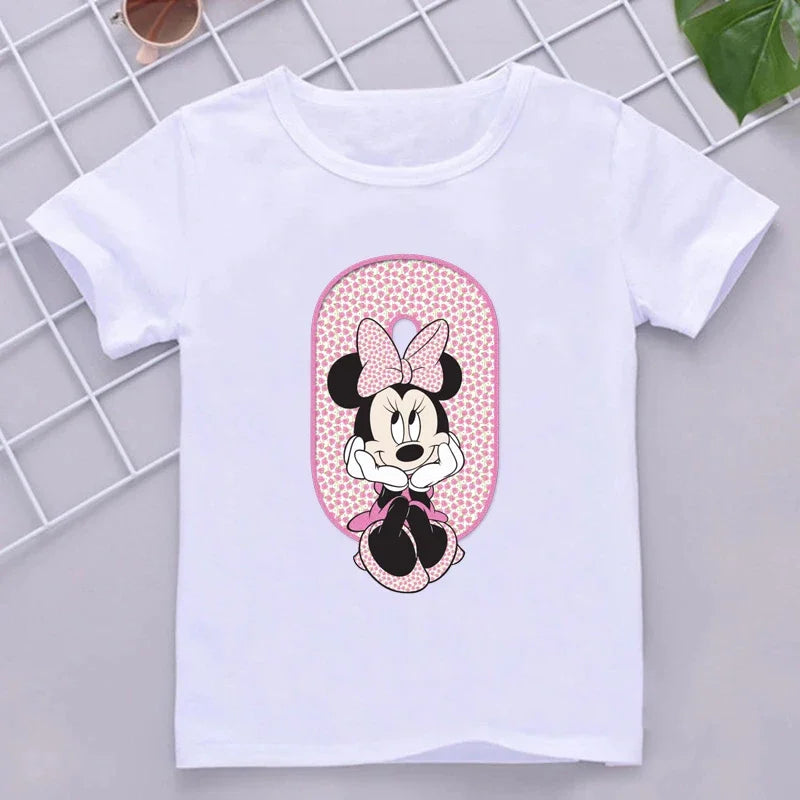 Minnie Children T-Shirts Letter A-Z Name Combination Disney Kawaii Cartoons Clothes Kids Little Boy Girl Tee Shirts Casual Tops