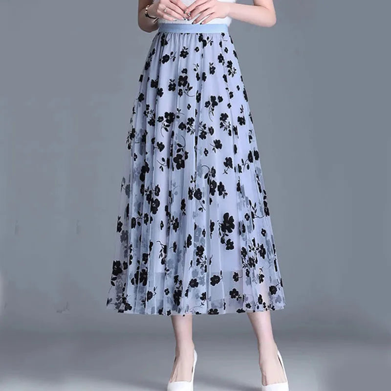 GIDYQ Korean Women Mesh Skirt Fashion Hook Flower Loose Midi Skirt Elegant Female Casual All Match Skirts Summer New