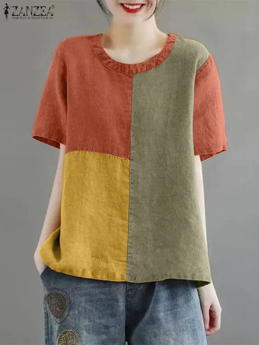 ZANZEA Women Patchwork Blouse 2024 Summer Short Sleeve Tunics Fashion Round Neck Shirts Casual Loose Holiday Cotton Linen Tops