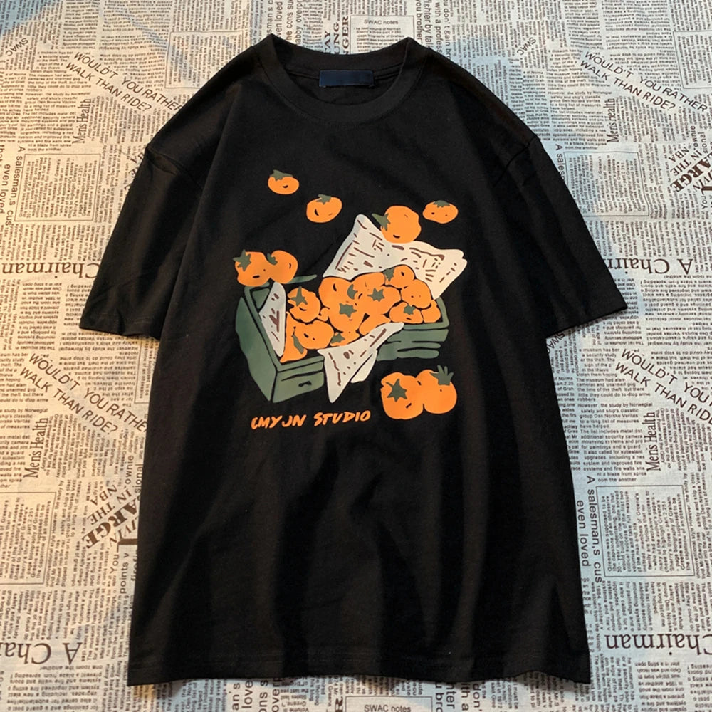 Original Box Of Orange American Retro Fun Print Men Women Tees Loose And Versatile BF Pure Cotton Couple Short Sleeve T-shirt