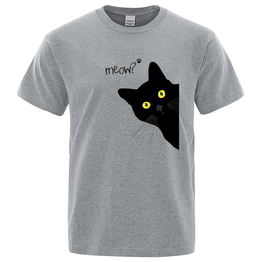 Meow Black Cat Funny Printing Men T-Shirts Breathable Tee Clothes Summer Streetwear Tops Oversized Loose Cotton Short Sleeve