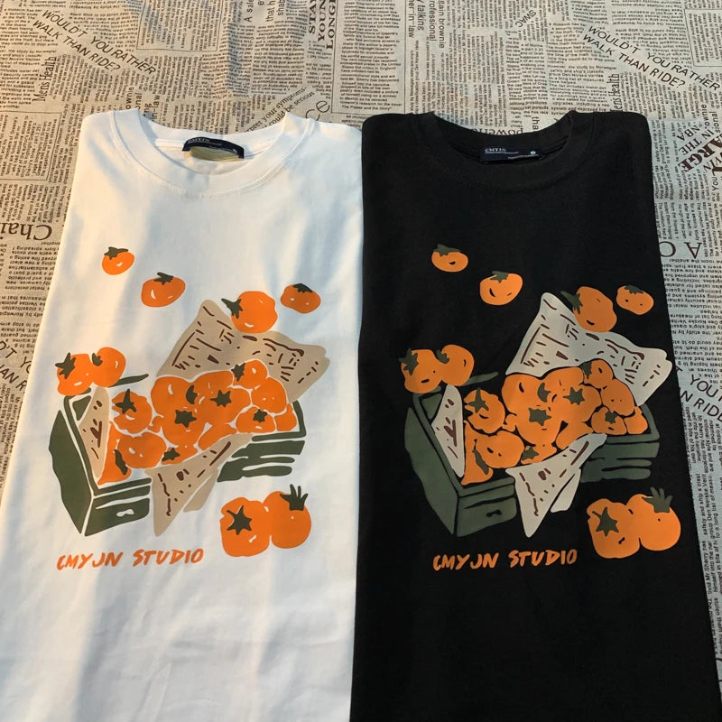 Original Box Of Orange American Retro Fun Print Men Women Tees Loose And Versatile BF Pure Cotton Couple Short Sleeve T-shirt