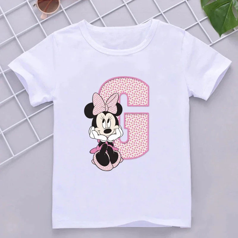 Minnie Children T-Shirts Letter A-Z Name Combination Disney Kawaii Cartoons Clothes Kids Little Boy Girl Tee Shirts Casual Tops