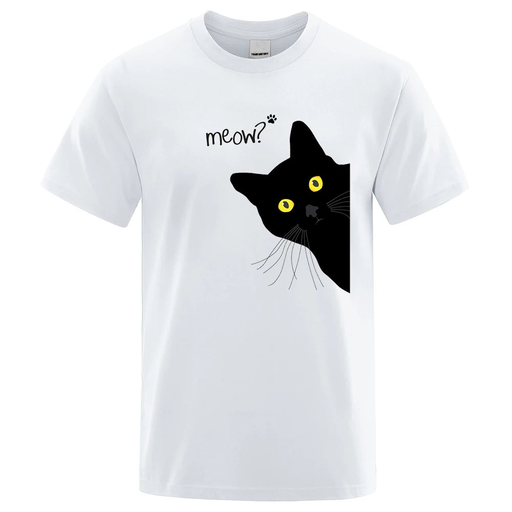 Meow Black Cat Funny Printing Men T-Shirts Breathable Tee Clothes Summer Streetwear Tops Oversized Loose Cotton Short Sleeve