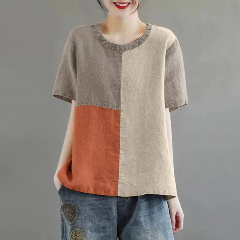 ZANZEA Women Patchwork Blouse 2024 Summer Short Sleeve Tunics Fashion Round Neck Shirts Casual Loose Holiday Cotton Linen Tops