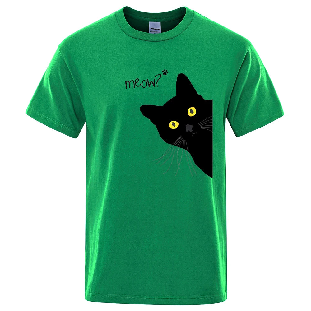 Meow Black Cat Funny Printing Men T-Shirts Breathable Tee Clothes Summer Streetwear Tops Oversized Loose Cotton Short Sleeve