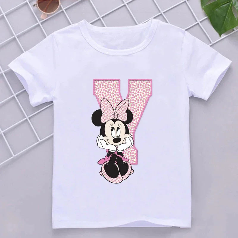 Minnie Children T-Shirts Letter A-Z Name Combination Disney Kawaii Cartoons Clothes Kids Little Boy Girl Tee Shirts Casual Tops