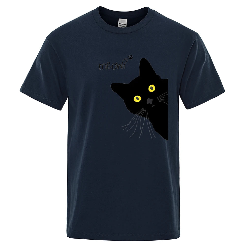 Meow Black Cat Funny Printing Men T-Shirts Breathable Tee Clothes Summer Streetwear Tops Oversized Loose Cotton Short Sleeve