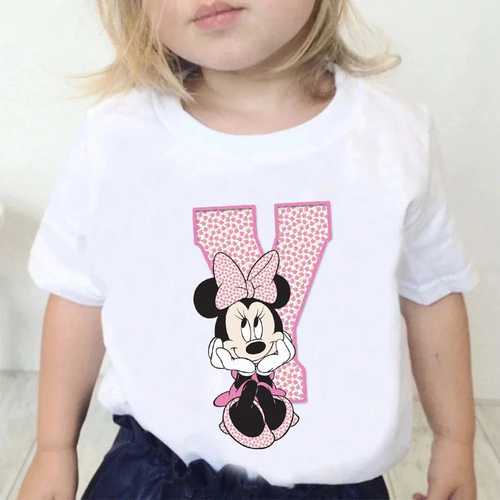 Minnie Children T-Shirts Letter A-Z Name Combination Disney Kawaii Cartoons Clothes Kids Little Boy Girl Tee Shirts Casual Tops