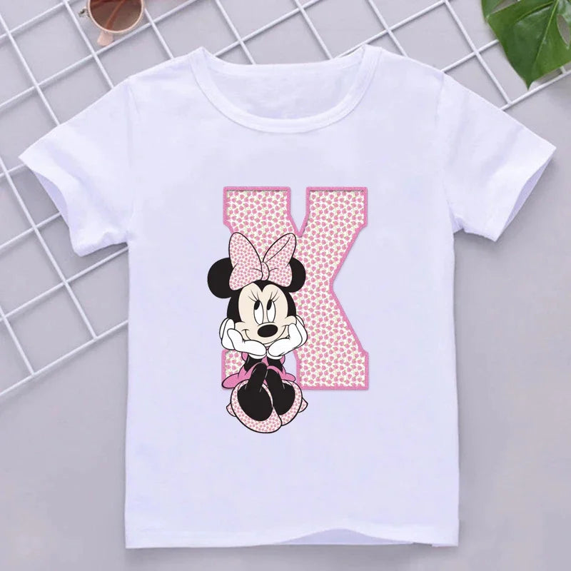 Minnie Children T-Shirts Letter A-Z Name Combination Disney Kawaii Cartoons Clothes Kids Little Boy Girl Tee Shirts Casual Tops