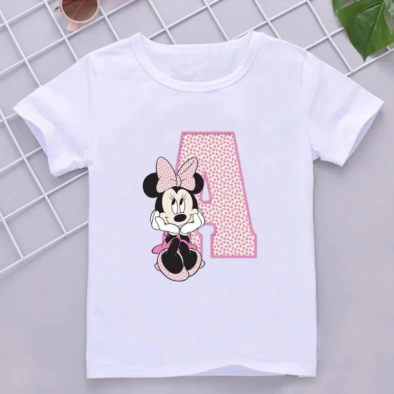 Minnie Children T-Shirts Letter A-Z Name Combination Disney Kawaii Cartoons Clothes Kids Little Boy Girl Tee Shirts Casual Tops