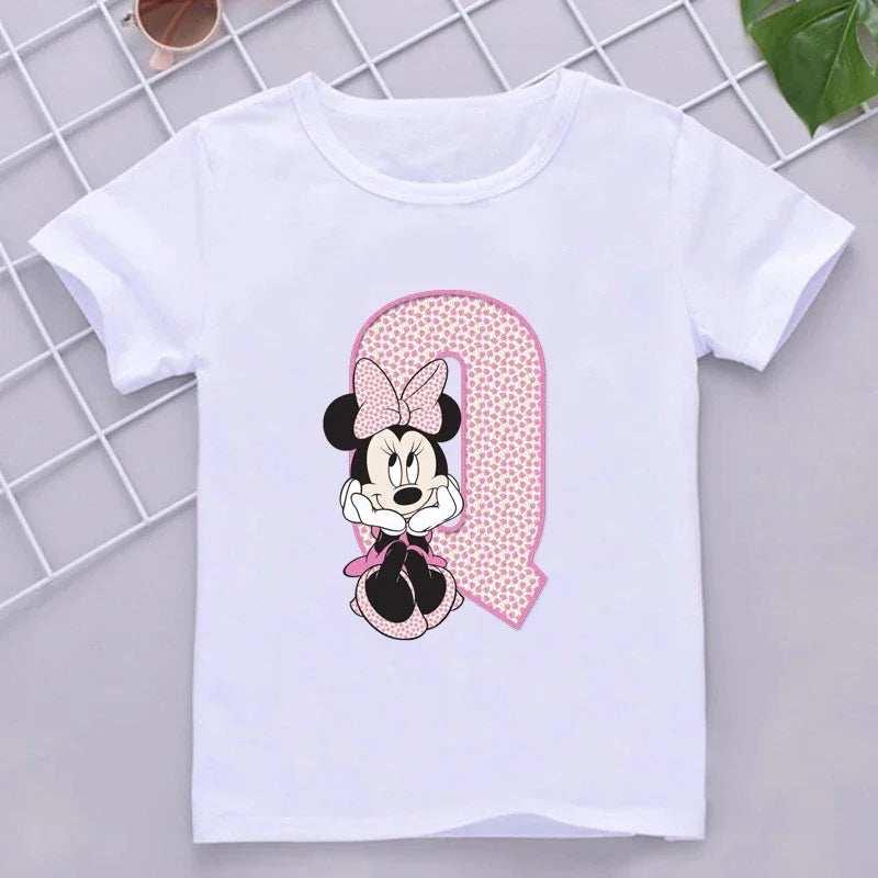 Minnie Children T-Shirts Letter A-Z Name Combination Disney Kawaii Cartoons Clothes Kids Little Boy Girl Tee Shirts Casual Tops