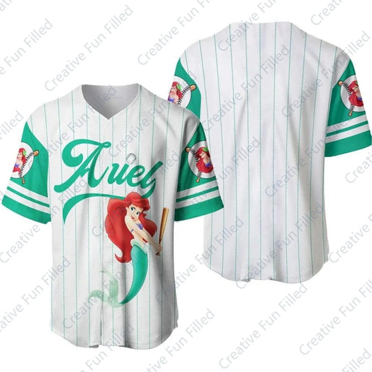 New Summer Disney Princess Ariel Princess Player Baseball Jersey Gift for Sport Jersey Baseball Jersey Edition Jersey FanKit