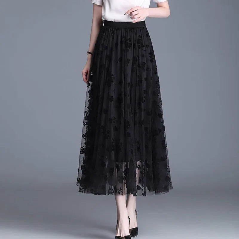 GIDYQ Korean Women Mesh Skirt Fashion Hook Flower Loose Midi Skirt Elegant Female Casual All Match Skirts Summer New