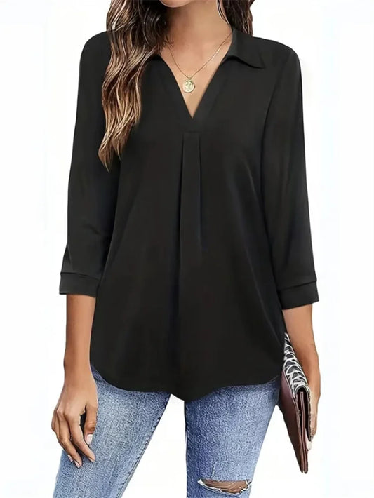 Women Spring Summer Style Blouses Shirts Lady Casual Three Quarter Sleeve Turn-down Collar Solid Color Loose Blouse Tops DF5012