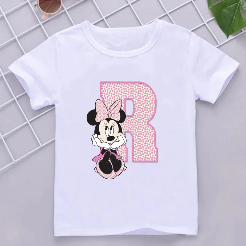 Minnie Children T-Shirts Letter A-Z Name Combination Disney Kawaii Cartoons Clothes Kids Little Boy Girl Tee Shirts Casual Tops