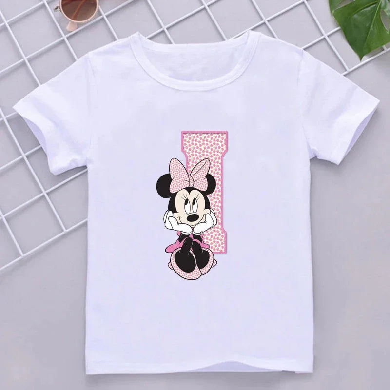 Minnie Children T-Shirts Letter A-Z Name Combination Disney Kawaii Cartoons Clothes Kids Little Boy Girl Tee Shirts Casual Tops