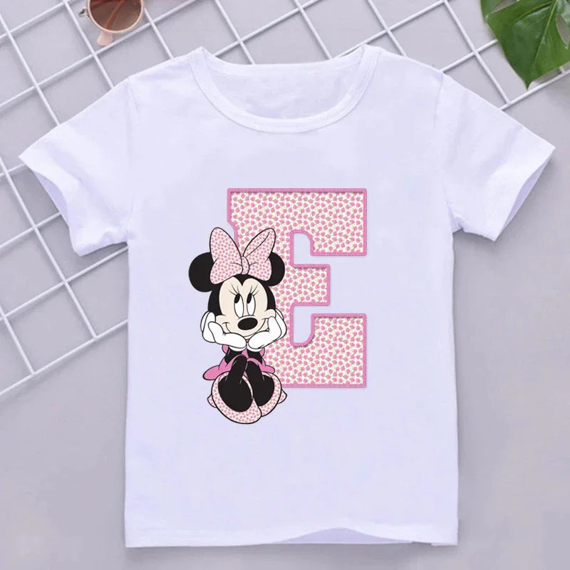 Minnie Children T-Shirts Letter A-Z Name Combination Disney Kawaii Cartoons Clothes Kids Little Boy Girl Tee Shirts Casual Tops