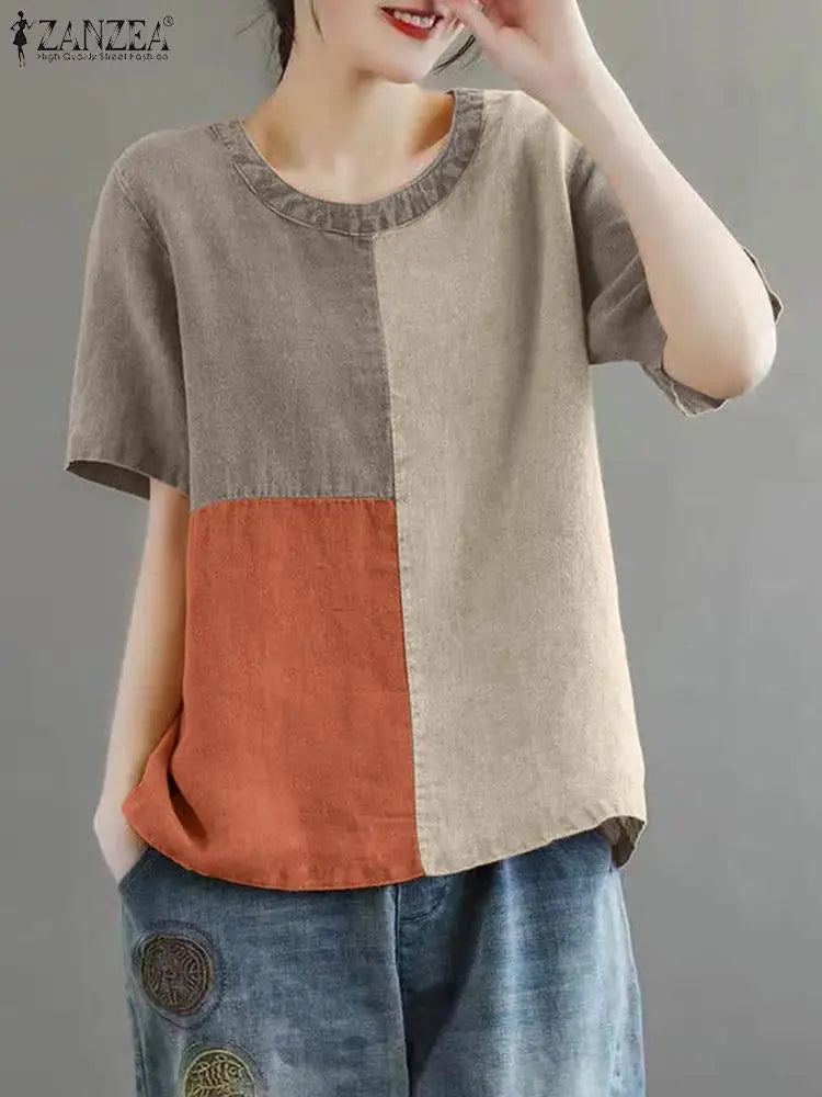 ZANZEA Women Patchwork Blouse 2024 Summer Short Sleeve Tunics Fashion Round Neck Shirts Casual Loose Holiday Cotton Linen Tops