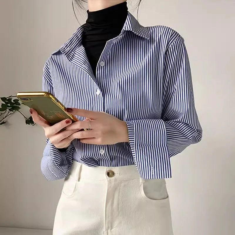 Classic Striped Woman Spring Autumn Blouses Shirt Lady Long Lantern Sleeve Stand Collar Loose Blusas Tops