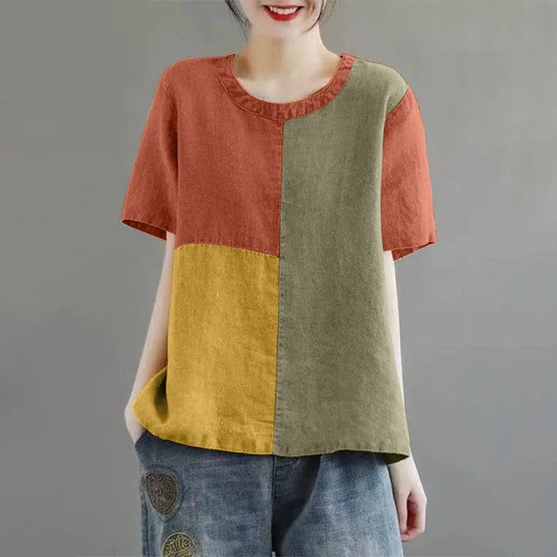 ZANZEA Women Patchwork Blouse 2024 Summer Short Sleeve Tunics Fashion Round Neck Shirts Casual Loose Holiday Cotton Linen Tops