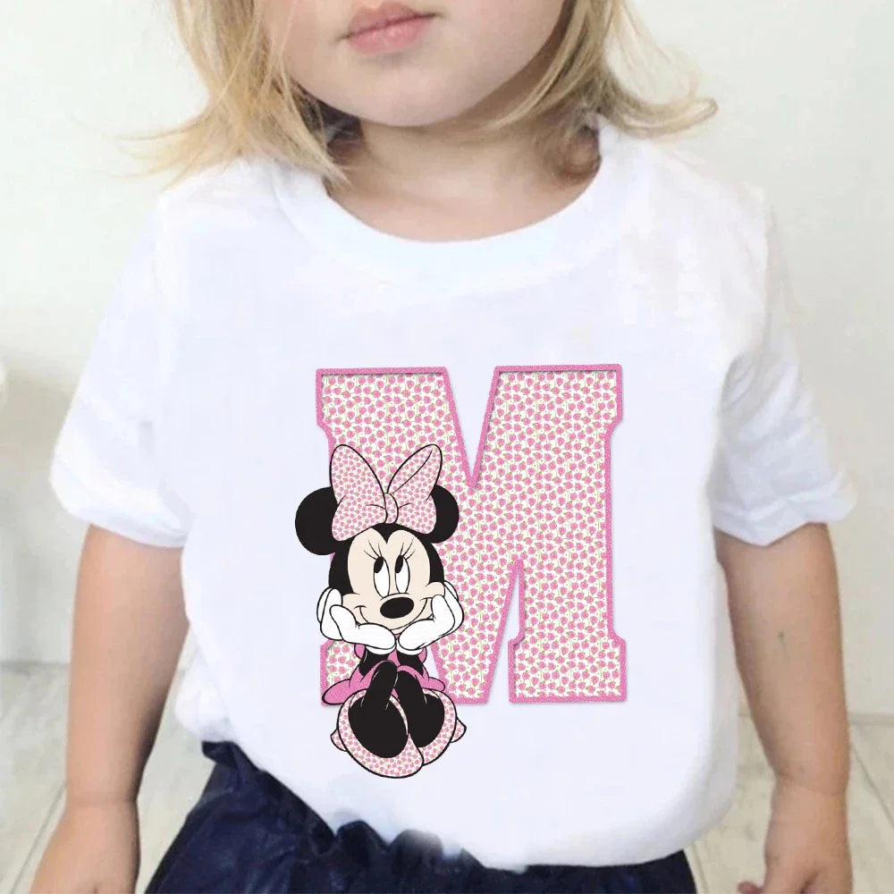 Minnie Children T-Shirts Letter A-Z Name Combination Disney Kawaii Cartoons Clothes Kids Little Boy Girl Tee Shirts Casual Tops