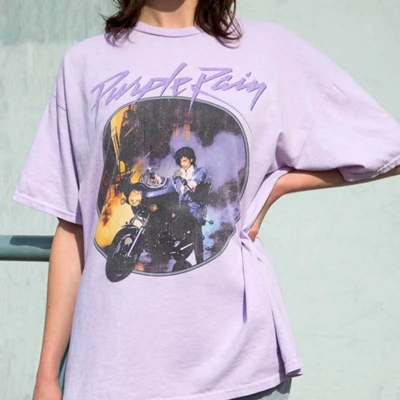 6022 Purple Rain Vintage Graphic Tee Female Short Sleeve O Neck Purple Printed Tops Summer Cotton Loose Music T Shirt Women Top