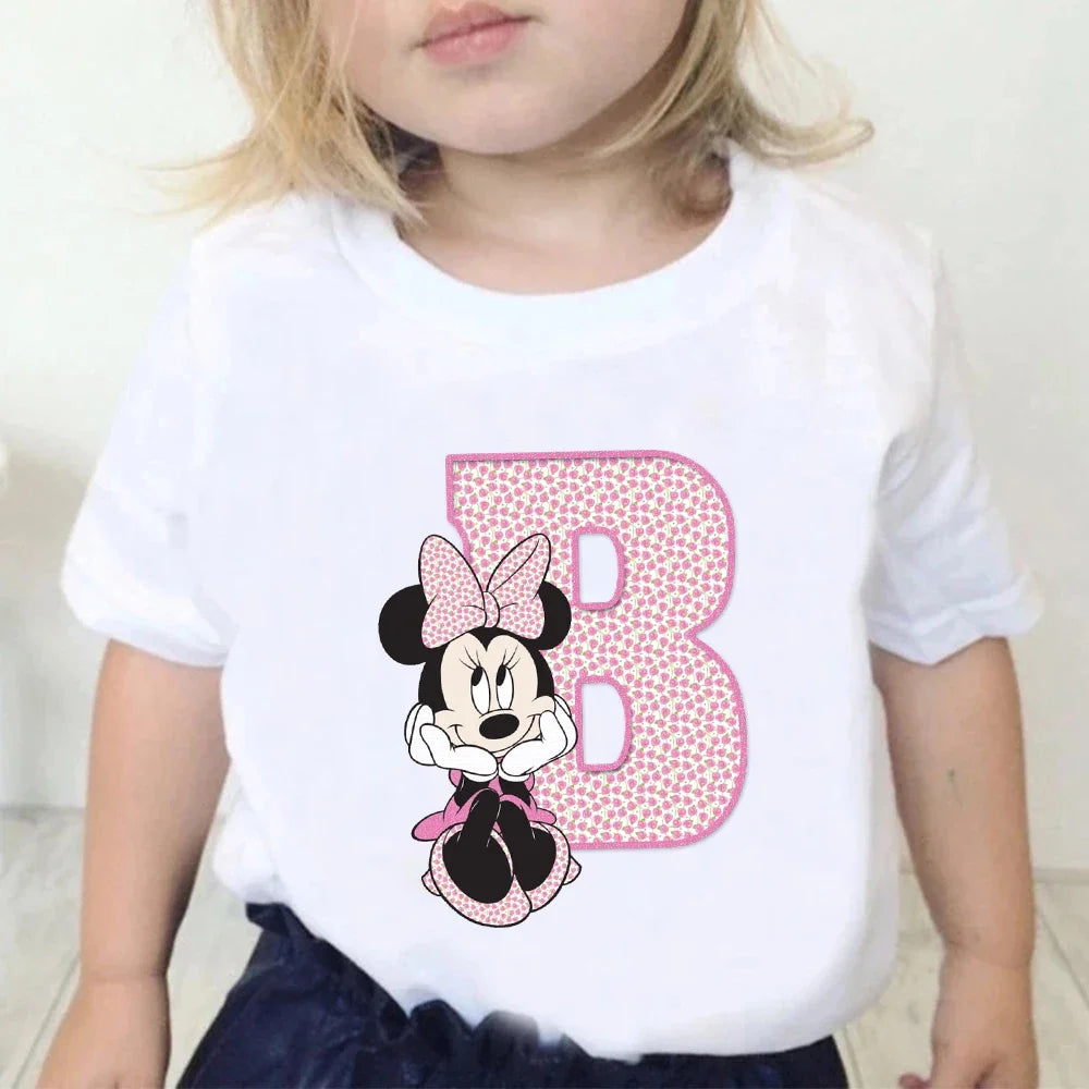 Minnie Children T-Shirts Letter A-Z Name Combination Disney Kawaii Cartoons Clothes Kids Little Boy Girl Tee Shirts Casual Tops