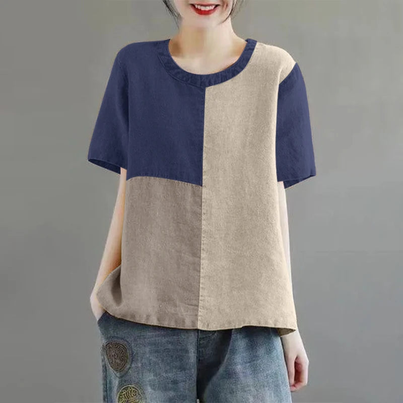 ZANZEA Women Patchwork Blouse 2024 Summer Short Sleeve Tunics Fashion Round Neck Shirts Casual Loose Holiday Cotton Linen Tops