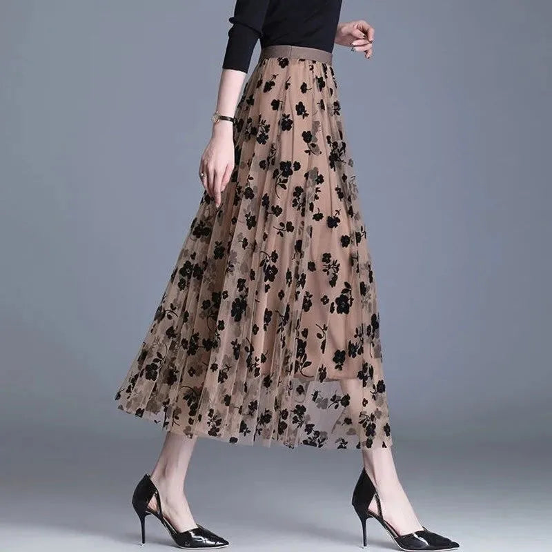 GIDYQ Korean Women Mesh Skirt Fashion Hook Flower Loose Midi Skirt Elegant Female Casual All Match Skirts Summer New