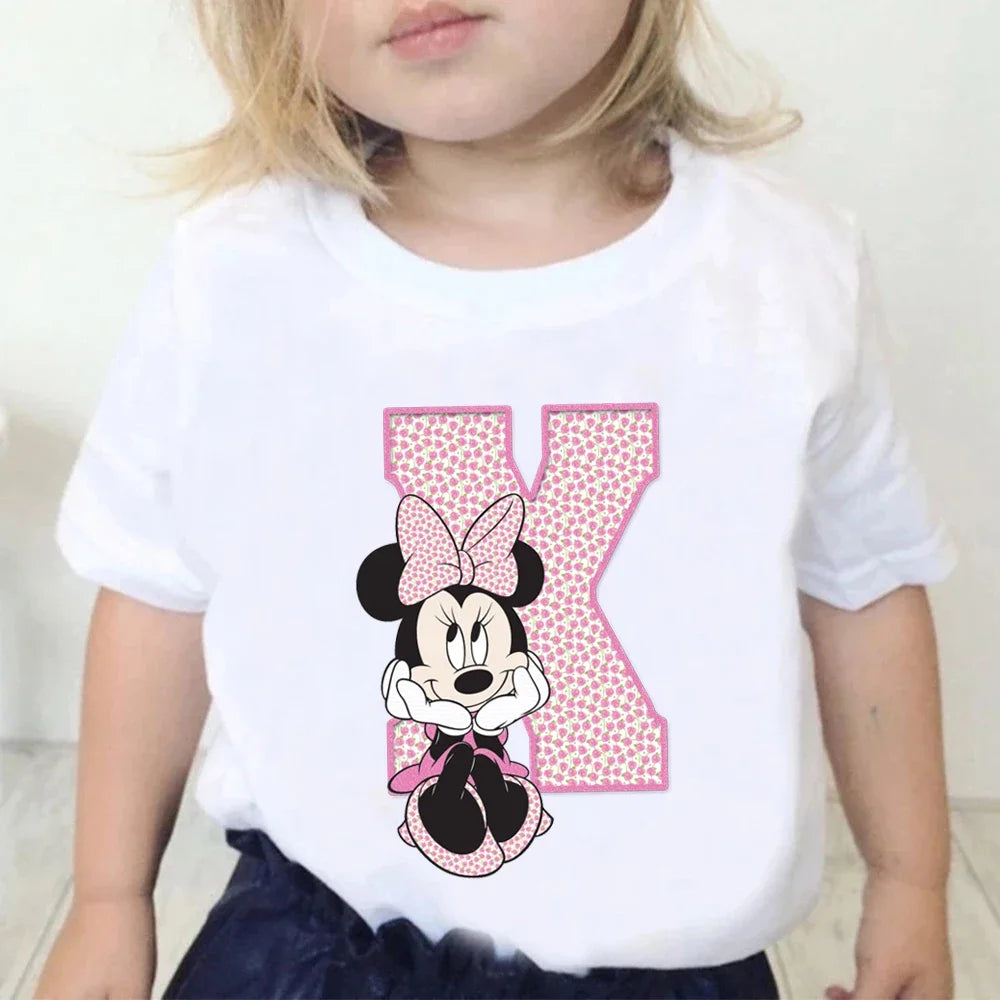 Minnie Children T-Shirts Letter A-Z Name Combination Disney Kawaii Cartoons Clothes Kids Little Boy Girl Tee Shirts Casual Tops