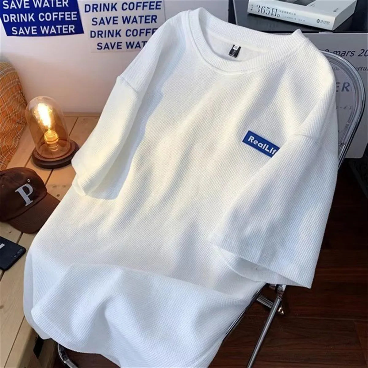 Fashion Waffle T-shirts For Men Basic Tee Casual T shirt Oversized Tops 2023 Quality Unisex Short Tshirts Tees Men Clothing