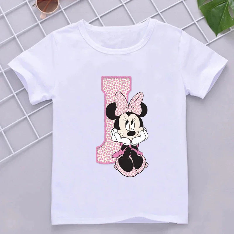 Minnie Children T-Shirts Letter A-Z Name Combination Disney Kawaii Cartoons Clothes Kids Little Boy Girl Tee Shirts Casual Tops