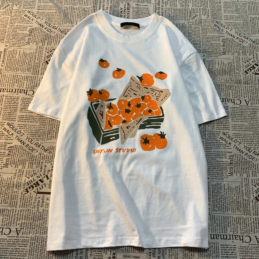 Original Box Of Orange American Retro Fun Print Men Women Tees Loose And Versatile BF Pure Cotton Couple Short Sleeve T-shirt